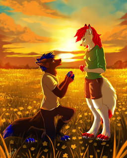 anthro arms_bent backlighting bent_legs breasts clothed clothing daww duo eye_contact female field fully_clothed kneeling legs_together light looking_at_another male male/female marriage_proposal on_one_knee romantic romantic_ambiance romantic_couple standing straight_legs sunset tatujapa canid canine canis mammal wolf hi_res lighting