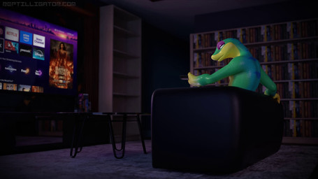 anthro appliance balls blue_stripes ceiling_fan electric_fan electronics feet fridge furniture genitals green_body green_scales inside kitchen_appliance looking_at_viewer male nude penis scales smile sofa solo spread_legs spreading stripes television tv_remote reptilligator reptilligator_(modeler) blender_cycles gex_(series) gex_the_gecko gecko lizard reptile scalie 16:9 3d_(artwork) 3d_animation animated digital_media_(artwork) hi_res no_sound short_playtime webm widescreen