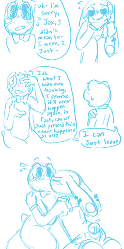 anthro clothing dialogue duo embarrassed female female/female kissing serious sitting text glitch_productions the_amazing_digital_circus jax_(tadc) ribbit_(tadc) amphibian frog humanoid lagomorph leporid mammal rabbit absurd_res blue_and_white english_text hi_res monochrome