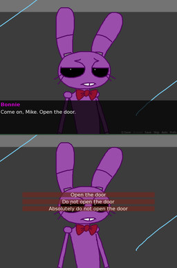 anthro black_eyes bow_(feature) bow_tie dating_sim dialogue glass gui humor looking_at_viewer machine solo text the_weaver five_nights_at_freddy's scottgames bonnie_(fnaf) weaver_bonnie animatronic lagomorph leporid mammal rabbit robot english_text