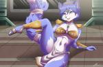 anthro big_tail blue_body blue_fur blue_hair bottomwear clothing female fur hair loincloth sitting smile solo tail eunnieverse nintendo star_fox krystal_(star_fox) canid canine fox mammal