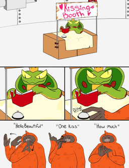 anthro booth booth_(structure) crown duo greeting headgear kissing_booth male male/male slightly_chubby snake_hood text vendor_stand fleshysack cartoon_network mao_mao:_heroes_of_pure_heart coby_(mao_mao) orangusnake tanner_(mao_mao) ape haplorhine mammal orangutan primate reptile scalie snake comic english_text hi_res sign_language