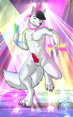 animal_genitalia animal_penis anthro arm_tuft balls black_claws black_hair black_markings black_nose blue_eyes canine_genitalia canine_penis cheek_tuft chest_tuft claws erection facial_tuft front_view fur genitals glistening glistening_eyes glowstick hair holding_glowstick holding_object knot looking_at_viewer male male_anthro markings mouth_closed nightclub nude penis short_hair shoulder_tuft slim_anthro slim_male solo standing tail toe_claws tuft white_balls white_body white_fur white_tail hufnaar canid canine mammal 5:8 hi_res