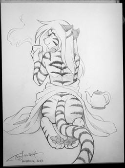 anthro apron apron_only beverage butt casual_nudity clothing container cup digitigrade female fur holding_container holding_cup holding_object kneeling mostly_nude nude pawpads rear_view simple_background smile solo steaming striped_body striped_fur stripes tail tea teapot white_background conditional_dnp tom_fischbach twokinds flora_(twokinds) felid keidran mammal pantherine tiger 2023 graphite_(artwork) hi_res monochrome sketch traditional_media_(artwork)