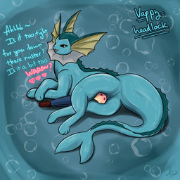 ambiguous_gender blue_body bodily_fluids bubble chokehold clothed clothing describing_temperature dominant dominant_female duo female feral fin glistening glistening_body headlock headscissor larger_female larger_feral male paws size_difference smaller_human smaller_male sweat tail text water wet undifinder nintendo pokemon aquatic eeveelution generation_1_pokemon human mammal pokemon_(species) vaporeon 1:1 hi_res