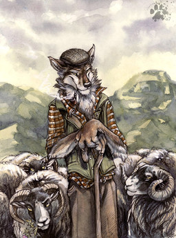 5_fingers anthro belt black_nose bottomwear brown_body brown_bottomwear brown_clothing brown_fur claws clothed clothing collared_shirt crook day detailed_background dress_shirt feral fingers flat_cap flower front_view fully_clothed fur green_clothing green_topwear group hands_together hat headgear headwear horn looking_at_another looking_at_viewer male outside pants pattern_clothing pattern_topwear plaid plaid_clothing plaid_topwear plant rolled_up_sleeves rose_(flower) shirt smile smoke smoking smoking_pipe solo_focus standing tobacco_pipe topwear vest white_body white_fur yellow_eyes blotch bovid canid canine canis caprine domestic_sheep mammal scottish_blackface sheep wolf 2007 detailed mixed_media painting_(artwork) pen_(artwork) traditional_media_(artwork) traditional_painting_(artwork) traditional_watercolor_(artwork) watercolor_(artwork)