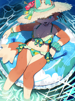 anthro biped blue_eyes blush breasts cleavage clothed clothed_anthro clothed_female clothing countershade_torso countershading eyelashes female fingers fur hat headgear headwear looking_at_viewer navel one_eye_closed open_mouth open_smile orange_body partially_submerged pool_ring smile smiling_at_viewer solo sun_hat tail tan_body teeth tongue water wet wink winking_at_viewer kame_3 animal_crossing nintendo audie_(animal_crossing) canid canine canis mammal wolf 2026 absurd_res digital_drawing_(artwork) digital_media_(artwork) hi_res