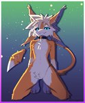 3_toes 4_ears abstract_background ambiguous_anthro ambiguous_gender anthro belt_collar bent_legs biped black_sclera blue_eyes border buckle chest_tuft claws collar collar_only crotch_tuft cute_fangs digitigrade dipstick_tail facial_tuft fangs feather_tuft feathers feet front_view hair inner_ear_fluff kneeling looking_at_viewer markings multi_ear multicolored_body multicolored_feathers multicolored_hair multicolored_tail noseless nude nude_ambiguous nude_anthro orange_body orange_feathers orange_tail pupils purple_border smile smiling_at_viewer solo spread_legs spreading tail tail_markings teeth text toe_claws toes tuft two_tone_hair white_body white_feathers white_hair white_tail_tip draggyavali avali avian 2025 artist_name digital_media_(artwork) full-length_portrait hi_res portrait shaded