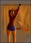 2017 anthro athletic_wear black_border border bottomwear casey_hartley clothed clothing collar curtains domestic_cat felid feline felis fingerless_gloves fully_clothed fur girly gloves gym_bottomwear gym_shorts handwear hi_res inside male mammal night_in_the_woods orange_body orange_fur shorts sleufoot smile solo stretching sweater text topwear url v-neck whiskers wide_hips window