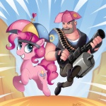 blue_eyes clothing cutie_mark duo eye_contact female feral fur gatling_gun gun hair hat headgear headwear heart_symbol looking_at_another machine_gun male minigun pink_body pink_fur pink_hair quadruped ranged_weapon running tail umbrella weapon don_ko friendship_is_magic hasbro my_little_pony team_fortress_2 valve heavy_(team_fortress_2) pinkie_pie_(mlp) earth_pony equid equine horse human mammal pony 1:1 2012 crossover digital_media_(artwork)