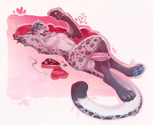 animal_genitalia animal_penis anthro bedroom_eyes black_body black_fur blue_eyes blue_hair box_of_chocolates candy chocolate curled curled_tail dessert eating eating_food feline_cock feline_genitalia feline_penis food fur genitals grey_body grey_fur hair heart_symbol holidays leopard_spots looking_at_viewer male narrowed_eyes nude penile_spines penis pink_nose pose seductive simple_background smile smirk solo spots tail white_body white_fur felilune valentine's_day ice_in_summer_(sftsl) felid feline mammal panthera_uncia pantherine snow_leopard colored hi_res pinup