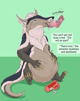 almost_fully_inside ambiguous_feral ambiguous_gender ambiguous_human ambiguous_pred ambiguous_prey belly big_belly bodily_fluids claws clothing dialogue discarded_footwear duo feet feral feral_pred foot_lick footwear fur green_background grey_body grey_eyes grey_fur hand_on_belly head_first human_prey humor licking long_tongue name_in_dialogue oral_vore pun saliva simple_background socks speech_bubble tail talking_feral text tongue vore white_body white_fur strega anteater human mammal pilosan xenarthran digital_media_(artwork) english_text hi_res