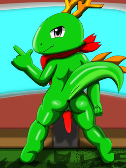 anthro anus butt butt_focus fingers genitals green_body green_scales horn male nude penis scales simple_background solo spiked_tail spikes spikes_(anatomy) tail macamacrez mythology konqi dragon mythological_creature mythological_scalie scalie absurd_res hi_res