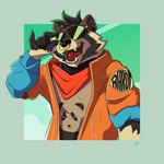 anthro ear_piercing eyewear facial_piercing male nose_piercing nose_ring piercing ring_piercing scarf solo sunglasses jaypinho epic_games fortnite rufus_(fortnite) mammal procyonid raccoon half-length_portrait hi_res portrait