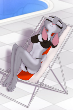 3_toes anthro bikini bikini_bottom bikini_thong bikini_top black_ear_tips breasts camel_toe clothed clothing detailed_background dipstick_ears ear_markings ears_down eyes_closed feet female floppy_ears fur grey_body grey_fur hands_behind_head knees_pulled_up legs_together legs_up light_body light_fur markings multicolored_ears navel pivoted_ears poolside raised_tail relaxing smile solo swimming_pool swimwear tail toes two-piece_swimsuit furbeyond disney zootopia judy_hopps lagomorph leporid mammal rabbit 2:3 absurd_res digital_media_(artwork) full-length_portrait hi_res portrait shaded soft_shading