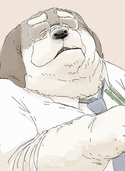 accessory anthro brown_body clothing eyewear glasses kemono male mature_male necktie shirt slightly_chubby solo topwear pommn_mn canid canine canis domestic_dog mammal 2026 hi_res