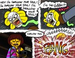 ambiguous_gender angry clothing death dialogue double_barrel_shotgun duo facial_scar flower gore gun male plant ranged_weapon scar shooting_gun shotgun stomping text torn_clothing weapon killb94_(artist) evil_dead undertale undertale_(series) flowey_the_flower frisk_(undertale) elemental_creature flora_fauna flower_creature human mammal monster comic digital_drawing_(artwork) digital_media_(artwork)