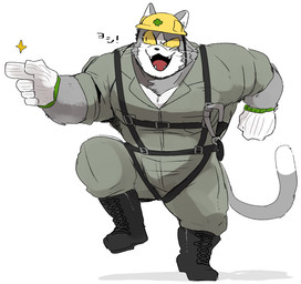 anthro armor clothing gesture hand_gesture headgear helmet male muscular muscular_anthro muscular_male pointing smile solo hyaku_(artist) kumamine safety_cat genba_neko domestic_cat felid feline felis mammal