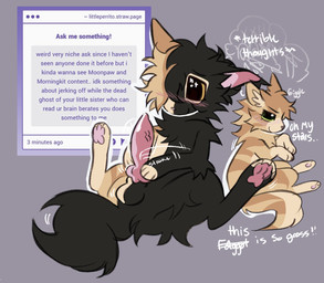 animal_genitalia animal_penis ask_blog blush bodily_fluids canine_genitalia canine_penis crossgender cum feral ftm_crossgender fur genital_fluids genitals knot knotted_penis male mismatched_genitalia mismatched_penis multicolored_body multicolored_fur penis solo split_color_body split_color_fur spread_legs spreading straw.page text yellow_body yellow_fur littleperrito warriors_(book_series) moonpaw_(warriors) morningkit_(warriors) domestic_cat felid feline felis mammal english_text hi_res sibling_(lore) sister_(lore) sisters_(lore)