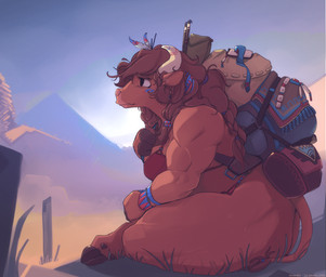 anthro backpack big_butt braided_hair breasts brown_body brown_fur brown_hair butt clothed clothing cloven_hooves female fur hair hooves horn long_hair muscular muscular_female outside sitting solo tail thick_thighs wristband javanshir european_mythology greek_mythology mythology bovid bovine mammal minotaur 2025 dated