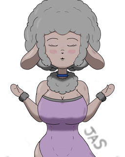 afro anthro big_breasts blush blush_stickers breasts brown_body clothed clothing collar dress ears_down eyes_closed female fur grey_body grey_fur kissing pivoted_ears simple_background solo wool_(fur) anuvisur_(artist) bovid caprine mammal sheep absurd_res hi_res