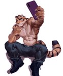 abs anthro biceps bottomwear cellphone clothing countershading electronics fur male muscular muscular_anthro muscular_male nipples pecs phone plantigrade simple_background solo stripes episode0006 rollingstoneeeeee felid mammal pantherine tiger 2021 hi_res