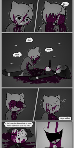 age_difference angry anthro barefoot bed bedroom bell bell_collar blood blood_from_mouth blood_from_vagina blood_in_mouth blood_in_pussy blood_puddle bodily_fluids border breasts clothing collar collar_only colored_blood covered_in_blood crying dominant dominant_male duo eunuch feet female furniture genitals gore guts horn inside male male/female mocking nipples nude nude_female organs purple_blood shota smile snuff soles stab stab_wound stabbed_heart tail tears unusual_blood unusual_bodily_fluids vulva wounded young young_anthro young_male e254e herialk_(e254e) tom_(e254e) demon domestic_cat felid feline felis mammal absurd_res comic greyscale hi_res monochrome