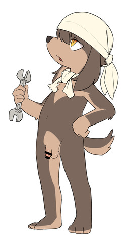 accessory anthro balls biped brown_body brown_fur censored_genitalia censored_penis flaccid fur genitals headband kemono kerchief male multicolored_body multicolored_fur navel nude nude_anthro nude_male orange_eyes penis simple_background tools two_tone_body two_tone_face two_tone_fur wrench young young_anthro young_male manmosu_marimo cyberconnect2 fuga:_melodies_of_steel little_tail_bronx jin_macchiato basset_hound canid canine caninu canis domestic_dog hunting_dog mammal scent_hound 2026 absurd_res censored hi_res