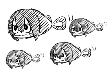 :> black_eyes black_hair blush blush_stickers eyelashes female feral feralized fin group hair hair_between_eyes motion_lines noseless simple_background tail tail_fin tail_motion white_background chaki_(teasets) my_hero_academia asui_tsuyu amphibian hybrid mammal tadpole monochrome