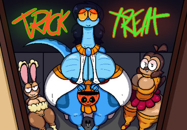 anthro areola areola_slip beak big_breasts biped black_eyes blue_body blue_breasts breasts brown_hair cleavage closed_smile clothed clothing door eyelashes female genitals group hair half-closed_eyes high-angle_view holidays huge_breasts huge_hips huge_thighs looking_at_viewer mouth_closed narrowed_eyes navel nipples non-mammal_breasts non-mammal_navel non-mammal_nipples open_door open_mouth open_smile scales shadow smile standing tail text thick_thighs trio ventral_scales vulva white_sclera wide_hips yellow_sclera luanctoons halloween hanna-barbera space_ghost_(series) chees_(luanctoons) mandy_(luanctoons) pumkat shanon_(luanctoons) avian bird lagomorph mammal owl reptile scalie snake 2025 absurd_res english_text hi_res