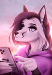 anthro biped black_nose cellphone clothed clothing earphone electronics eyebrows eyelashes facial_piercing female fully_clothed furgonomics furry-specific_piercing looking_at_viewer muzzle_piercing nose_piercing phone piercing purple_eyes smartphone solo astreve airpods apple_inc. iphone calypso_tayro canid canine mammal 2022 digital_media_(artwork) half-length_portrait hi_res portrait