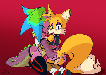 2_tails 4_fingers after_kiss ambiguous_gender anthro anus armwear backsack balls belt blush blush_lines bodily_fluids butt butt_grab cheek_tuft claws clothing collar duo eye_through_hair eyelashes eyeliner eyeshadow facial_tuft femboy fingers fishnet_armwear fishnet_clothing fishnet_legwear footwear fur gaping gaping_anus garter_belt garter_straps genitals gloves gynomorph hair hand_on_butt handwear intersex leather legwear makeup male multi_tail multicolored_body multicolored_fur multicolored_hair piercing pink_belt purple_eyeshadow red_background saliva saliva_string sharp_teeth shoes simple_background spikes spikes_(anatomy) spread_anus spreading stockings studded_collar studs tail tail_strap teeth thigh_highs tongue tongue_out tongue_piercing translucent translucent_hair tuft two_tone_body two_tone_fur white_clothing white_gloves white_handwear jojo_hernandez friendship_is_magic hasbro my_little_pony mythology sega sonic_the_hedgehog_(series) miles_prower spike_(mlp) spyke_(saurian) canid canine dragon fox mammal mythological_creature mythological_scalie scalie hi_res signature nonbinary_(lore) trans_(lore)