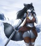 anthro armor black_hair black_nose blue_eyes breasts clothed clothing detailed_background female fur hair holding_object holding_weapon ice jewelry legwear melee_weapon snow solo standing sword tundra weapon redwix sila_dione mammal procyonid raccoon 2019 absurd_res digital_media_(artwork) hi_res