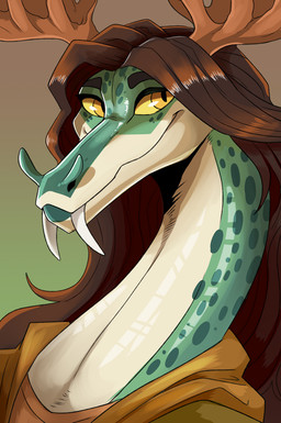 anthro antlers big_fangs brown_antlers brown_hair clothed clothing fangs female gradient_background green_body hair horn long_hair looking_at_viewer mouth_closed orange_eyes pupils simple_background slit_pupils solo tan_body teeth yellow_sclera swampjaws mythology dragon mythological_creature mythological_scalie scalie hi_res
