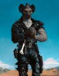 anthro chest_tuft clothing fur grey_body grey_fur jacket leather leather_clothing leather_jacket leather_topwear looking_at_viewer male orange_eyes solo standing stripes tools topwear tuft wrench jonathanvair mad_max hyena mammal adobe_photoshop_(artwork) alchemy_(artwork) digital_media_(artwork) hi_res