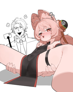 anthro biped blush bodily_fluids breasts camel_toe cellphone clothed clothing ear_piercing ear_ring electronics female female_anthro inner_ear_fluff loli looking_at_viewer male male_human open_mouth phone piercing pubic_mound ring_piercing selfie_stick small_breasts smartphone spread_legs spreading sweat sweatdrop tuft young young_anthro young_female flasso mihoyo zenless_zone_zero damian_blackwood zhao human lagomorph leporid mammal rabbit thiren hi_res