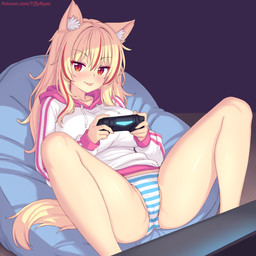 animal_ears big_breasts blonde_hair blue_clothing blue_panties blue_underwear blush bottomwear breasts camel_toe clothing controller eyebrows eyelashes female gaming hair highlights_(coloring) hoodie panties pattern_bottomwear pattern_clothing pattern_panties pattern_underwear pupils red_eyes slit_pupils solo spread_legs spreading striped_bottomwear striped_clothing striped_panties striped_underwear stripes tongue tongue_out topwear underwear white_clothing white_panties white_underwear fastrunner2024 tiffy_(fastrunner2024) animal_humanoid cat_humanoid felid felid_humanoid feline feline_humanoid humanoid mammal mammal_humanoid 1:1 2025 hi_res portrait three-quarter_portrait