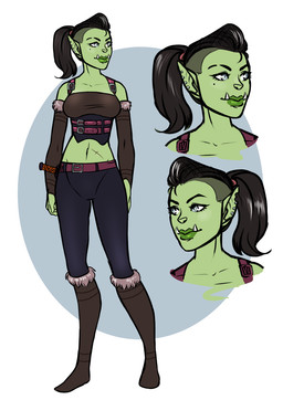 black_hair breasts clothed clothing ear_piercing female green_body green_skin grey_eyes hair humanoid_pointy_ears midriff not_furry piercing pointy_ears ponytail rogue scar smile solo tusks sirmeo humanoid orc hi_res model_sheet multiple_scenes