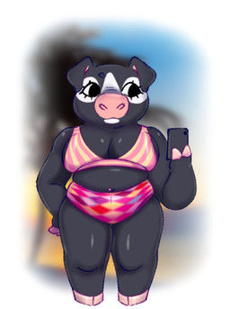 anthro belly big_breasts big_nose bikini biped black_body blurred_background breasts cellphone cleavage clothed clothing electronics eyelashes female fingers front_view holding_cellphone holding_object holding_phone holding_smartphone hooved_fingers hooves navel navel_piercing navel_stud overweight overweight_anthro overweight_female pattern_bikini pattern_clothing pattern_swimwear phone piercing pink_bikini pink_clothing pink_swimwear slightly_chubby slightly_chubby_anthro slightly_chubby_female smartphone solo standing swimwear thick_thighs two-piece_swimsuit wide_hips gnwired animal_crossing nintendo agnes_(animal_crossing) domestic_pig mammal suid suine sus_(pig) 2026 full-length_portrait hi_res portrait