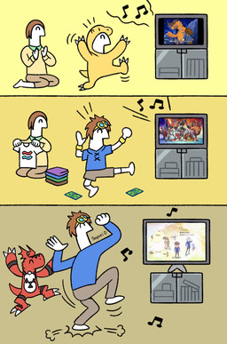 age_restriction anthro clothing cosplay crt dancing duo electronics eyewear eyewear_on_head female goggles goggles_on_head humor kigurumi male onesie red_body television liliana86973943 bandai_namco digimon digimon_ghost_game digimon_xros_wars hiro_amanokawa kiyoshiro_higashimitarai ruri_tsukiyono taichi_kamiya taiki_kudou takato_matsuki agumon angoramon ballistamon digimon_(species) dorulumon gammamon greymon guilmon human jellymon mammal shoutmon starmon comic hi_res