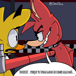 against_surface against_wall anthro beak dialogue duo female machine male smile text owochica five_nights_at_freddy's scottgames chica_(fnaf) foxy_(fnaf) animatronic avian bird canid canine chicken fox galliform mammal phasianid robot robot_anthro 1:1 spanish_text translated