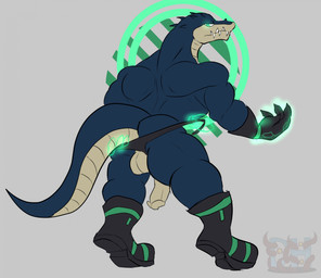 anthro back_muscles balls big_muscles black_clothing black_footwear black_gloves black_handwear black_shoes black_thong black_underwear blue_body claws clothing disembodied_hand fangs flaccid footwear genitals gloves glowing glowing_eyes glowing_hands green_energy green_eyes grey_background handwear huge_muscles humanoid_genitalia humanoid_penis logo looking_back male mostly_nude mostly_nude_anthro mostly_nude_male mouth_closed multicolored_body multicolored_tail muscular muscular_anthro muscular_arms muscular_legs muscular_male muscular_thighs penis psychic_powers rear_view shoes simple_background solo spiked_head tail tan_balls tan_body tan_penis teeth telekinesis thong torn_clothing torn_thong torn_underwear two_tone_body two_tone_tail underwear undressing_self daikuhiroshiama gavin_(daikuhiroshiama) crocodilian gavialid gharial reptile scalie 2026 artist_logo hi_res watermark