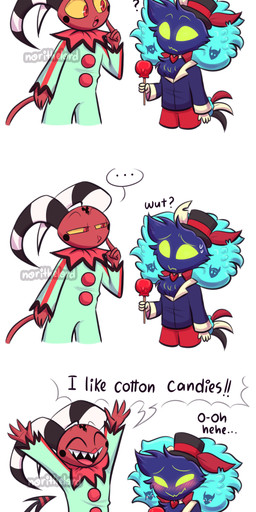 3_panel_comic anthro apple blue_body blue_clothing blue_feathers blue_shirt blue_topwear blush blush_lines bottomwear candy candy_apple clothing clown_costume dessert dialogue duo ellipsis eyes_closed feathers food forehead_tattoo fruit green_eyes green_onesie hat headgear headwear male narrowed_eyes nervous nervous_laugh onesie plant question_mark raised_arms red_body red_bottomwear red_clothing red_eyes red_shorts red_skin sharp_teeth shirt shorts simple_background small_hands spade_tail squint tail tail_feathers teeth text top_hat topwear white_background yellow_sclera norithelord hellaverse helluva_boss asmodeus_(helluva_boss) fizzarolli_(helluva_boss) avian avian_demon demon humanoid imp 2022 absurd_res artist_name comic english_text hi_res watermark
