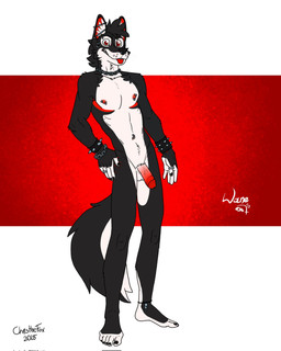 anthro balls belly belly_piercing black_body black_fur bracelet chain chain_necklace ear_piercing ear_ring ears_up facial_piercing feet fur genitals humanoid_feet jewelry leg_bracelet looking_at_viewer male necklace nipple_piercing nipples nose_piercing nose_ring nude penis piercing plantigrade red_eyes ring ring_piercing solo spikes tail tongue tongue_out white_body white_fur bartek22 wayne_(bartek22) canid canine canis mammal wolf hi_res