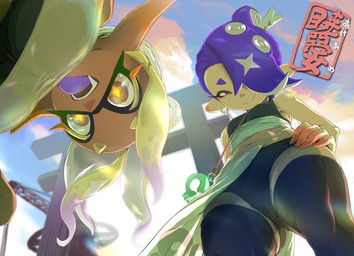 big_breasts blonde_hair blue_hair breasts clothed clothing cross_pupils dark_body dark_skin duo ear_piercing eyelashes fangs female front_view hair hair_over_eye horizontal_pupils humanoid_pointy_ears looking_at_viewer low-angle_view navel orange_eyes piercing pointy_ears pseudo_hair pupils purple_tongue red_eyes smile tan_body tan_skin teeth tentacle_hair tentacles thick_thighs tongue tongue_out wide_hips swliyhbpe9xqqze nintendo splatoon frye_(splatoon) shiver_(splatoon) animal_humanoid aquatic aquatic_humanoid cephalopod cephalopod_humanoid humanoid inkling mollusk mollusk_humanoid octarian octoling octopus_humanoid squid_humanoid hi_res