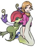 anthro blonde_hair clothing dress duo female hair long_hair plant ponytail himura-kun bandai_namco digimon digimon_survive saki_kimijima digimon_(species) elemental_creature flora_fauna floramon human mammal low_res