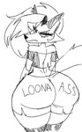 anthro big_butt black_nose bottomwear butt clothing ear_piercing eyelashes female frown hair huge_butt hyper hyper_butt legwear looking_back midriff piercing rear_view solo standing text text_on_bottomwear text_on_clothing thigh_highs topwear translucent_tail huwon helluva_boss mythology loona_(helluva_boss) canid canid_demon canine demon hellhound mammal mythological_canine mythological_creature 2021 digital_drawing_(artwork) digital_media_(artwork) english_text greyscale low_res monochrome sketch