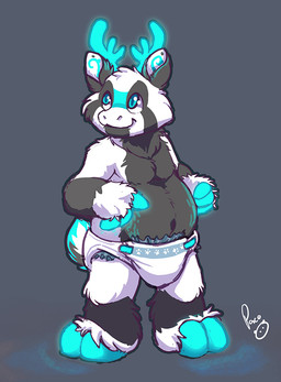 anthro antlers belly big_belly blue_antlers blue_hooves closed_smile clothed clothing diaper front_view fur glistening glistening_eyes glowing glowing_antlers glowing_hooves grey_background grey_body grey_fur hooves horn logo male mouth_closed navel overweight overweight_anthro overweight_male simple_background smile solo standing topless wearing_diaper white_body white_fur young young_anthro young_male pandapaco deer mammal artist_logo full-length_portrait portrait signature