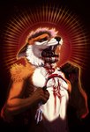 abstract_background anthro arm_tuft black_nose blood blood_from_mouth blood_in_mouth blood_on_chest blood_on_chin bodily_fluids brown_body brown_fur brown_hair cheek_tuft chest_tuft elbow_tuft facial_tuft front_view fur glistening glistening_eyes gore green_eyes hair holding_knife holding_object knife logo male multicolored_hair narrowed_eyes nude open_mouth orange_body orange_fur pink_hair self-harm shoulder_tuft solo tuft two_tone_hair white_body white_fur riorix canid canine fox mammal 2022 artist_logo dated half-length_portrait hi_res portrait