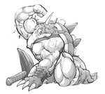 abs anthro biceps clothing flexing hammer horn kneeling legwear male muscular muscular_anthro muscular_male nipples pecs shell solo suggestive_pose tights tools tusks vein chirros bandai_namco digimon digimon_(species) mammal zudomon hi_res